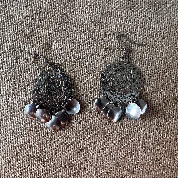 Silver tone laser cut rose flower dangle fan statement earrings large shiny - Picture 1 of 4